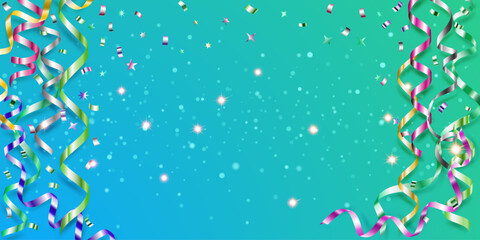 Naklejka premium Ribbons and confetti swirl in a vibrant, celebratory scene with a gradient blue-green background and sparkling lights.