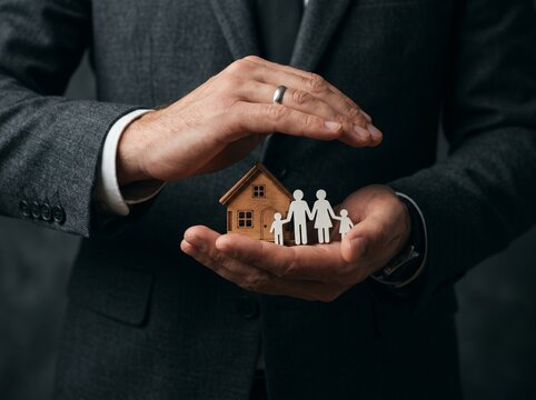 Businessman hands protect wooden house model and family icon. Real estate insurance, home security, and financial property protection concept for mortgage loan, investment safety, and life assurance.