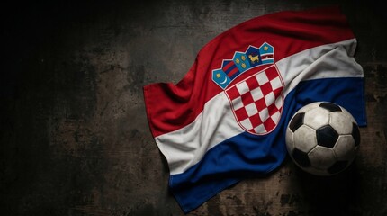Fototapeta premium Waving Croatian Flag Beside Soccer Ball on Dark Textured Surface