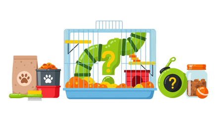 Naklejka premium Colorful hamster cage, pet accessories, cartoon hamster, animal care, pet food