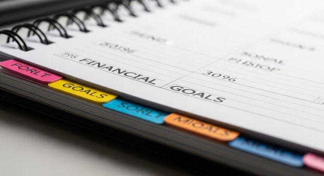Close-up of a financial planner notebook with tabs labeled Goals, Budget, and More.