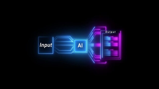 AI Depiction of Simple of input Workflow with Ai and the output which are neon on black background.Automate daily Tasks Smart AI solutions improve repetitive work.4k animation 4k video...
