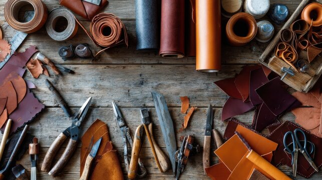 Rugged leather workshop bench with tools, awls, hammers, lasts and spools of thread cut leather pieces, dyes and punches scattered over patinated wood, focused cobbler atmosphere for bespoke repair,