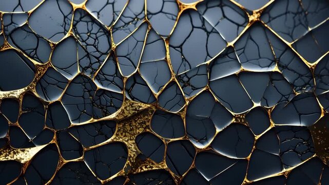 This show explores different patterns of cracked surfaces. The focus is on textures and details of the cracks, highlighting golden lines in each frame.