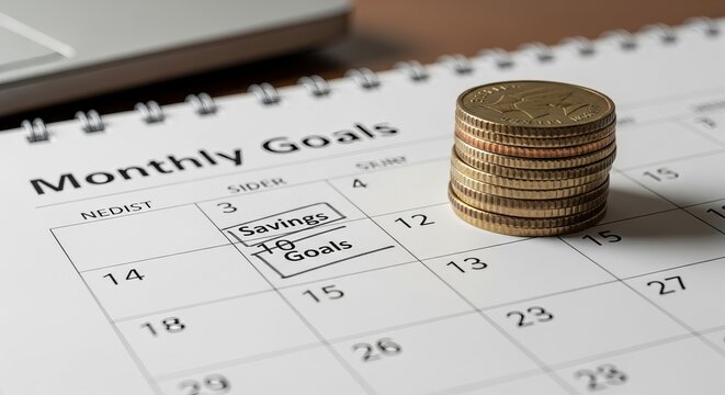 Close-up of a business calendar page detailing monthly goals and savings, with a stack of coins representing financial planning and prosperity.
