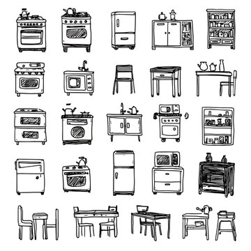 Collection of kitchen furniture and appliances.
