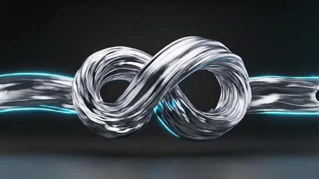 Abstract 3d animation of a metallic liquid forming an infinity symbol with blue light.