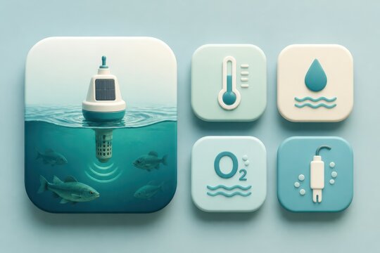 Smart water monitoring and ocean conservation 3D icon set with copy space for sustainability and data analysis