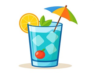 Colorful summer cocktail in a glass, garnished with citrus and a cherry. A colorful umbrella tops the drink