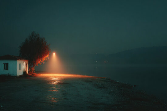 Lonely house by misty lake at night with glowing street light
