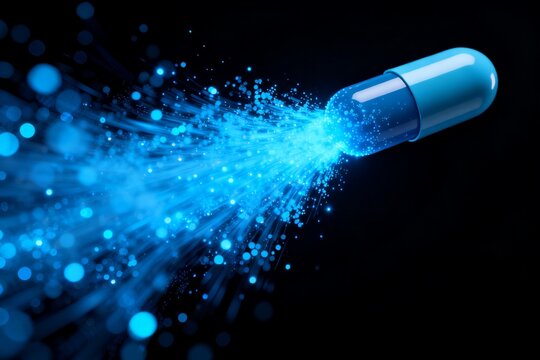 Blue capsule releasing glowing particles