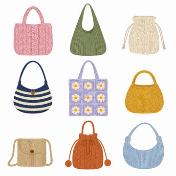 Colorful hand-drawn knitted woven handbags illustration