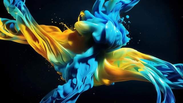 Colorful paint swirls and blends together in a display of motion. Blue and yellow colors collide and create interesting shapes. The movement captures attention.
