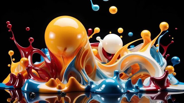 Colorful paint splashes in various forms fill the screen. Spheres move through vibrant waves of color. Each moment shows unique patterns and lively interactions.