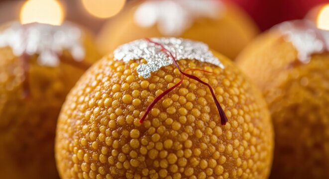 Close-up of delicious Motichoor Ladoo decorated with saffron and silver leaf