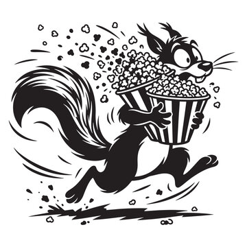 Squirrel carrying a striped popcorn bucket, cartoon style black and white