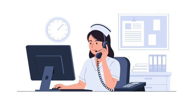 Flat vector illustration of a professional female nurse or medical receptionist answering a telephone call while working at a computer desk in a clinic or hospital office.