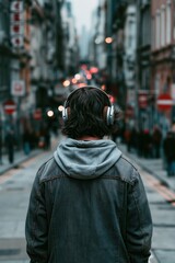 Fototapeta premium Person wearing headphones walks down a city street with blurred buildings and lights