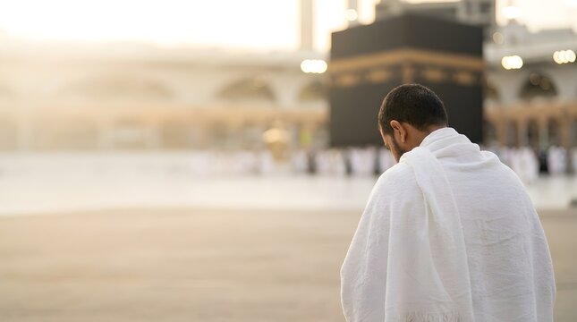 Back View of Pilgrim in Ihram Gazing at Kaaba for First Time