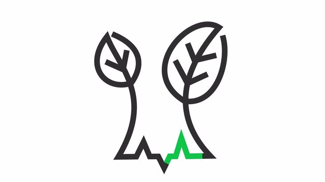 Reforestation concept with young leaves growing from the stump line art icon cartoon animation. Resilience of nature with new growth sprouting from the cut tree trunk symbol.