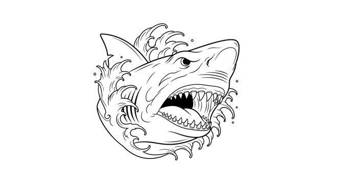 Fierce shark head with open mouth and sharp teeth, surrounded by stylized waves, line art