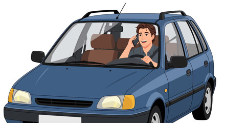 Driving, phone, vehicle, man, blue car, illustration, vector, mobile, communication, transportation