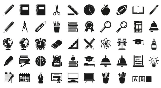 Education icons, school symbols, learning graphics, black vector illustrations, 40 educational elements