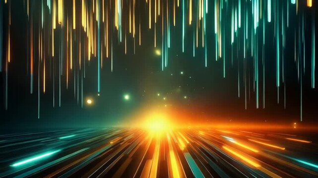 Bright lines of light move and change colors in a digital setting. The action takes place in a nighttime atmosphere with dynamic patterns and depth.