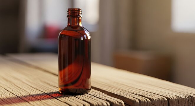 Amber Glass Bottle on Wooden Table with Natural Light and Shadows.
