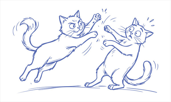 Two cats fighting sketch illustration blue line art aggression and conflict concept