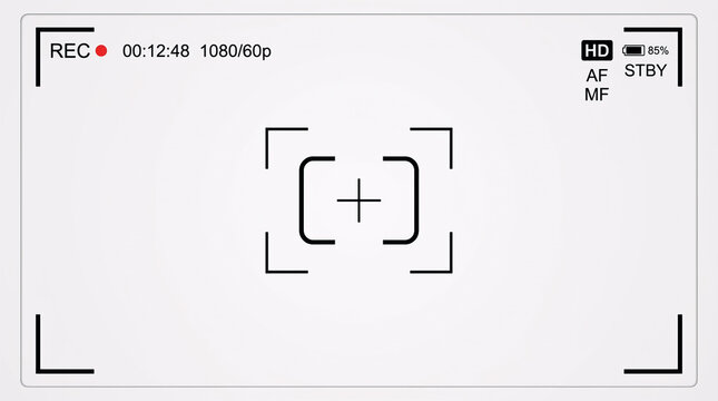 A bright, minimalist camera recording interface graphic featuring a simple central focus bracket, crosshair, battery level indicator, and basic technical readouts.