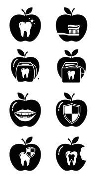 Healthy Teeth Icons in Apple Shapes: Dental Care, Hygiene, Protection