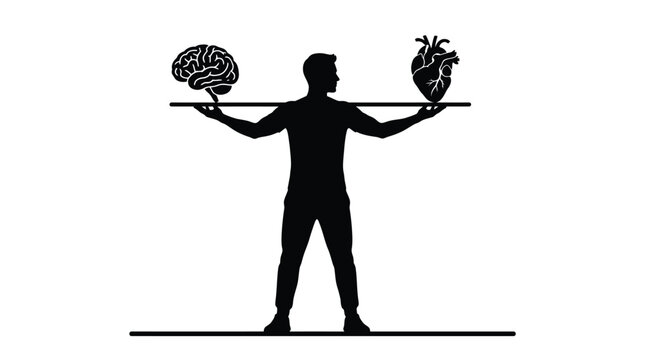 Silhouette illustration of a man balancing a human brain and a heart on a long pole representing the difficult choice between logical thinking and emotional feeling