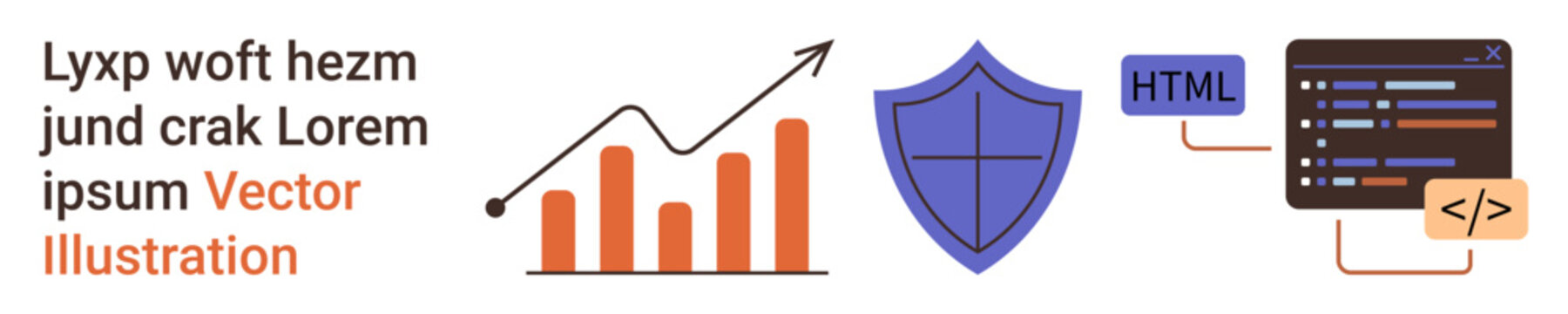 Business growth, cybersecurity, web design, programming, data protection, technology. Bar chart, shield icon coding box. Business growth and cybersecurity