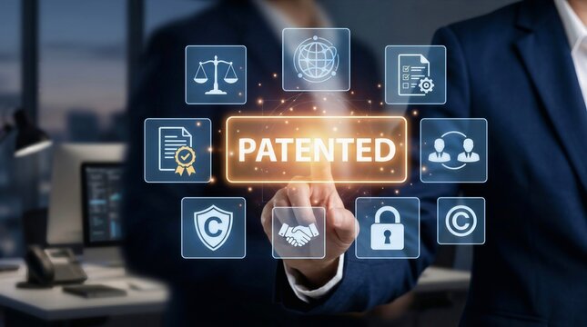 Business Man Touching Virtual Screen with Patented Text and Intellectual Property Icons