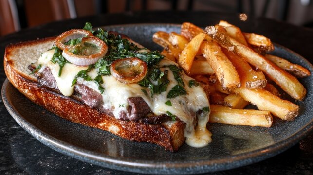 Gourmet beef sandwich with melted cheese and caramelized onions, served with french fries