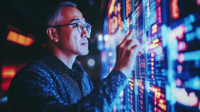 Focused man interacts with interactive display