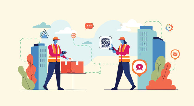 Warehouse Workers Scanning Barcodes and QR Codes Flat Vector