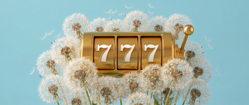 Golden slot machine showing 777 jackpot surrounded by fluffy dandelion seeds on a light blue background. Wishing for casino luck concept