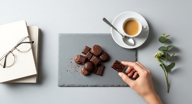 Minimalist flat lay with dark chocolate pralines on slate, hand holding chocolate piece, espresso coffee cup and books on grey background