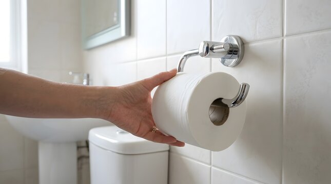 Hand Reaching For A New Roll Of Toilet Paper In A Bathroom.
