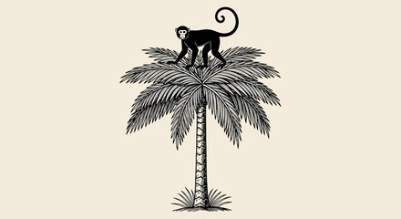 black monkey on palm tree, tropical vector icon, palm tree silhouette, monkey illustration © Super