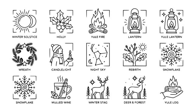Winter Solstice Icons: Holly, Fire, Lantern, Snowflake, Deer, Wreath, Candlelight, Mulled Wine