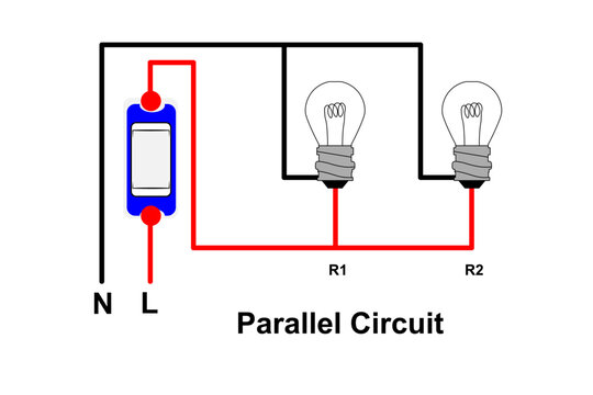 Parallel Circuit Wiring Diagram With Two Light Bulbs, Switch, Live And Neutral Connections For Education