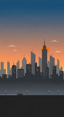 Obraz premium A stylized cityscape silhouetted against an orange and blue gradient sky at sunset. A car travels along a dark road