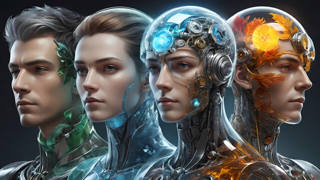 Group of diverse futuristic cyborgs and humans with transparent glass heads showing mechanical gears glowing energy and autumn leaves symbolizing the fusion of nature and artificial intelligence