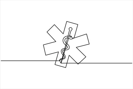 Star of Life medical sign in continuous one line art drawing of design. Emergency medical services icon outline isolated vector art illustration