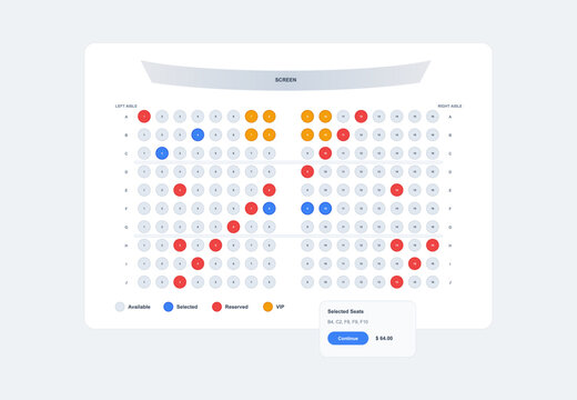 Cinema Seat Booking UI With Theater Seating Map. Minimal seat booking interface mockup showing theater seating map, available, selected, reserved. Vector UI template for App Cinema Booking