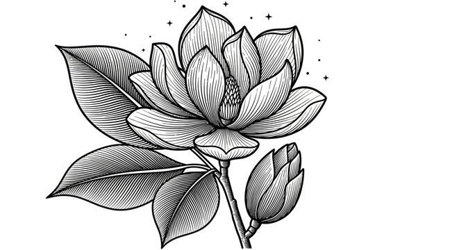 Black and white lotus flower, floral illustration, vector graphics, tattoo design, monochrome botanical art