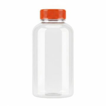 A clear plastic bottle with an orange screw cap on a white background.
